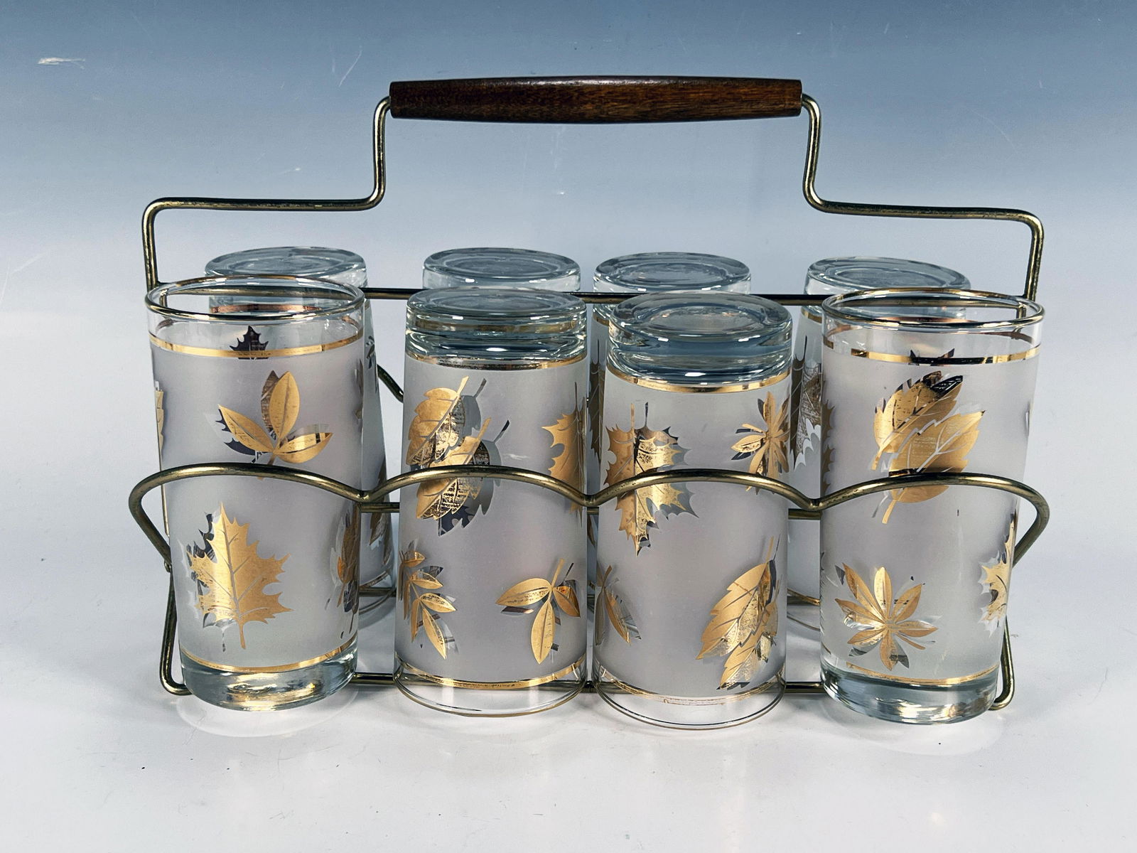 8 MCM GOLD LEAF TUMBLERS IN CADDY LIBBEY (1 of 3)
