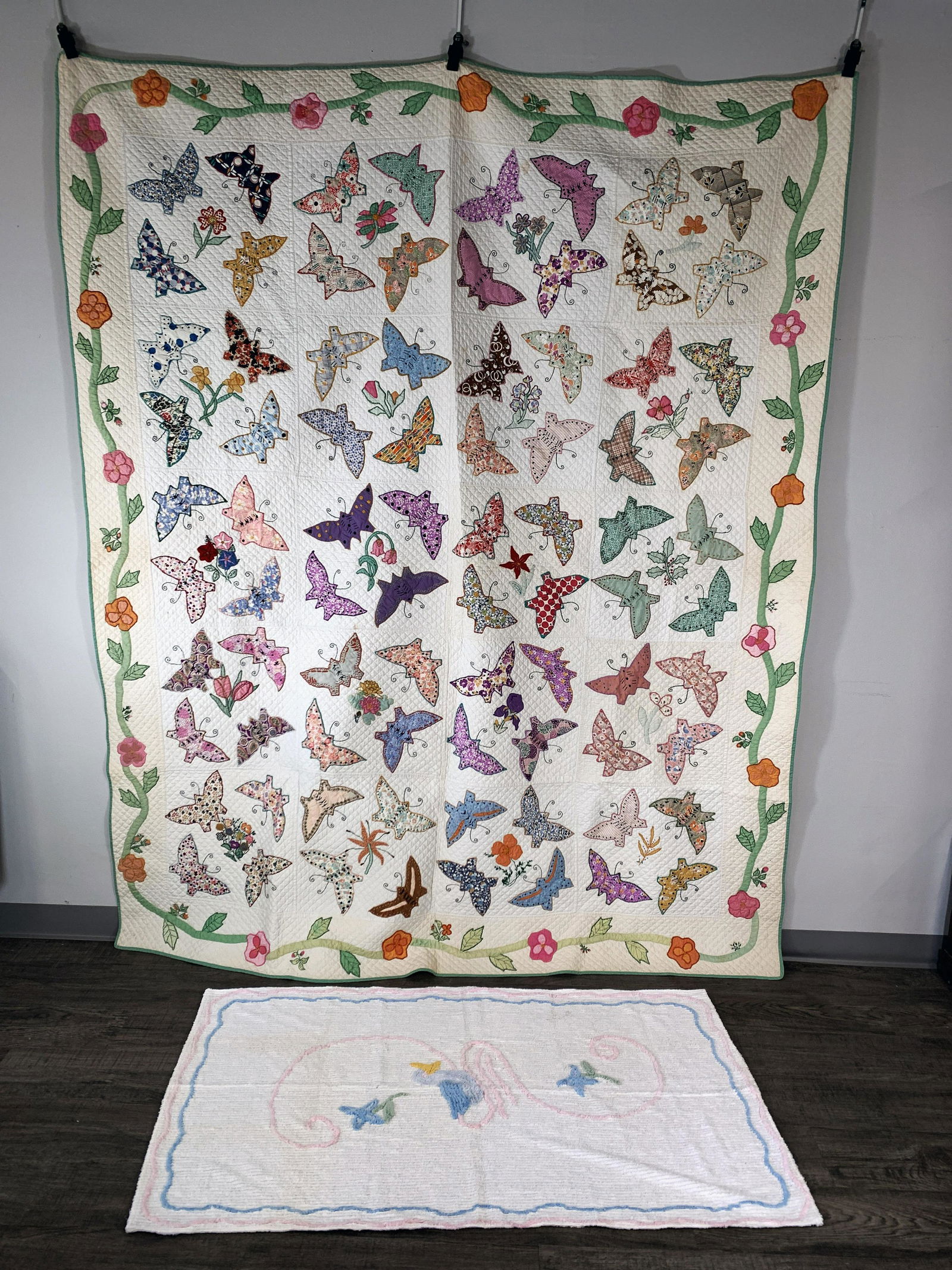 HANDMADE APPLIQUE BUTTERFLY QUILTS, CHENILLE DUCK THROW, LACE TABLECLOTH (1 of 9)