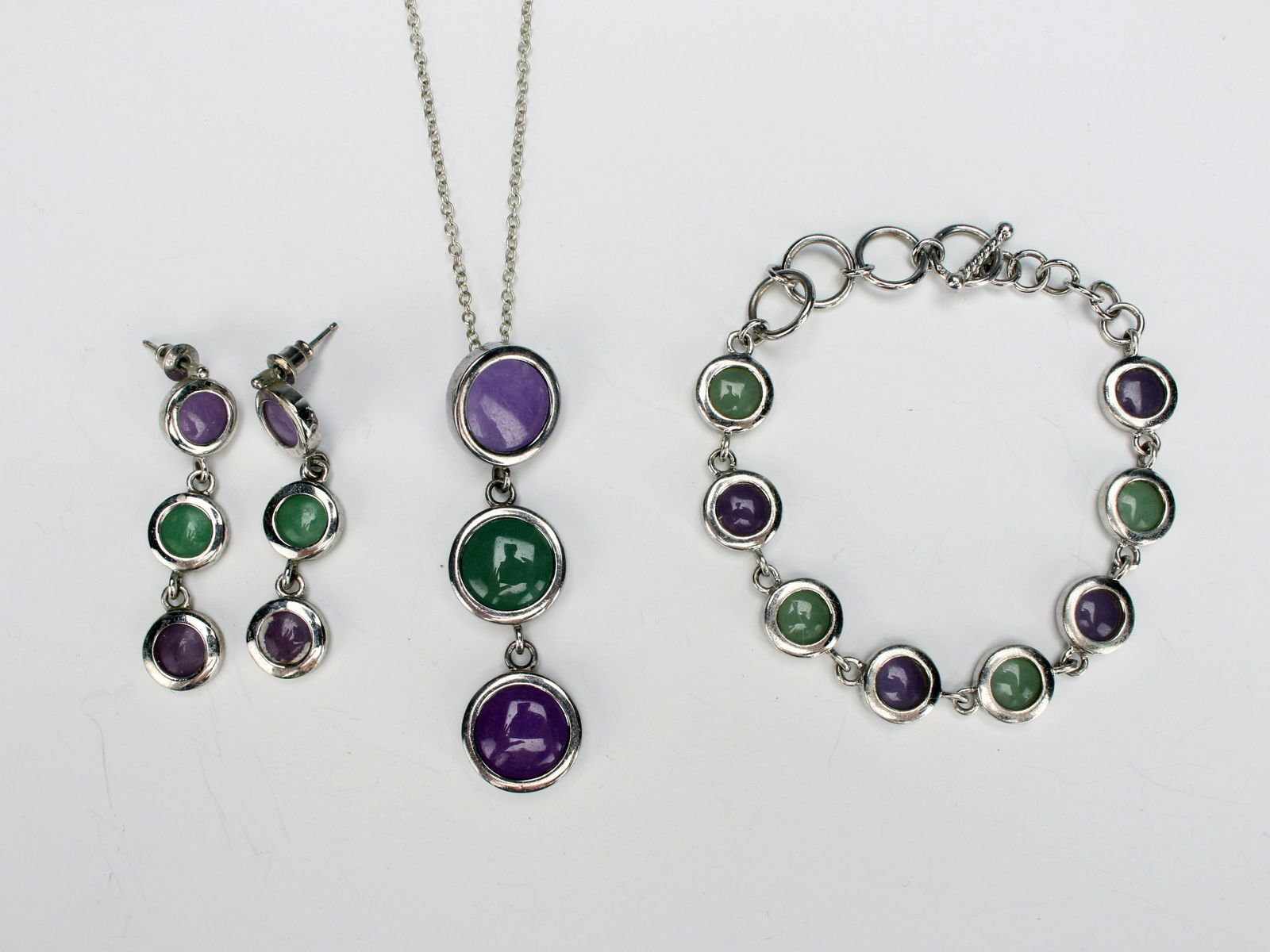 STERLING SET PURPLE & GREEN JADE NECKLACE, BRACELET, EARRINGS (1 of 4)