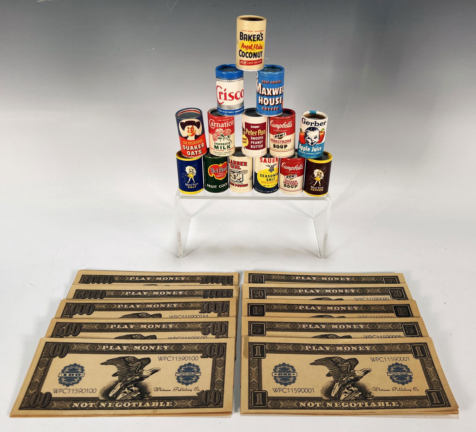 VINTAGE MINIATURE CUPBOARD ITEMS & PLAY MONEY (1 of 3)