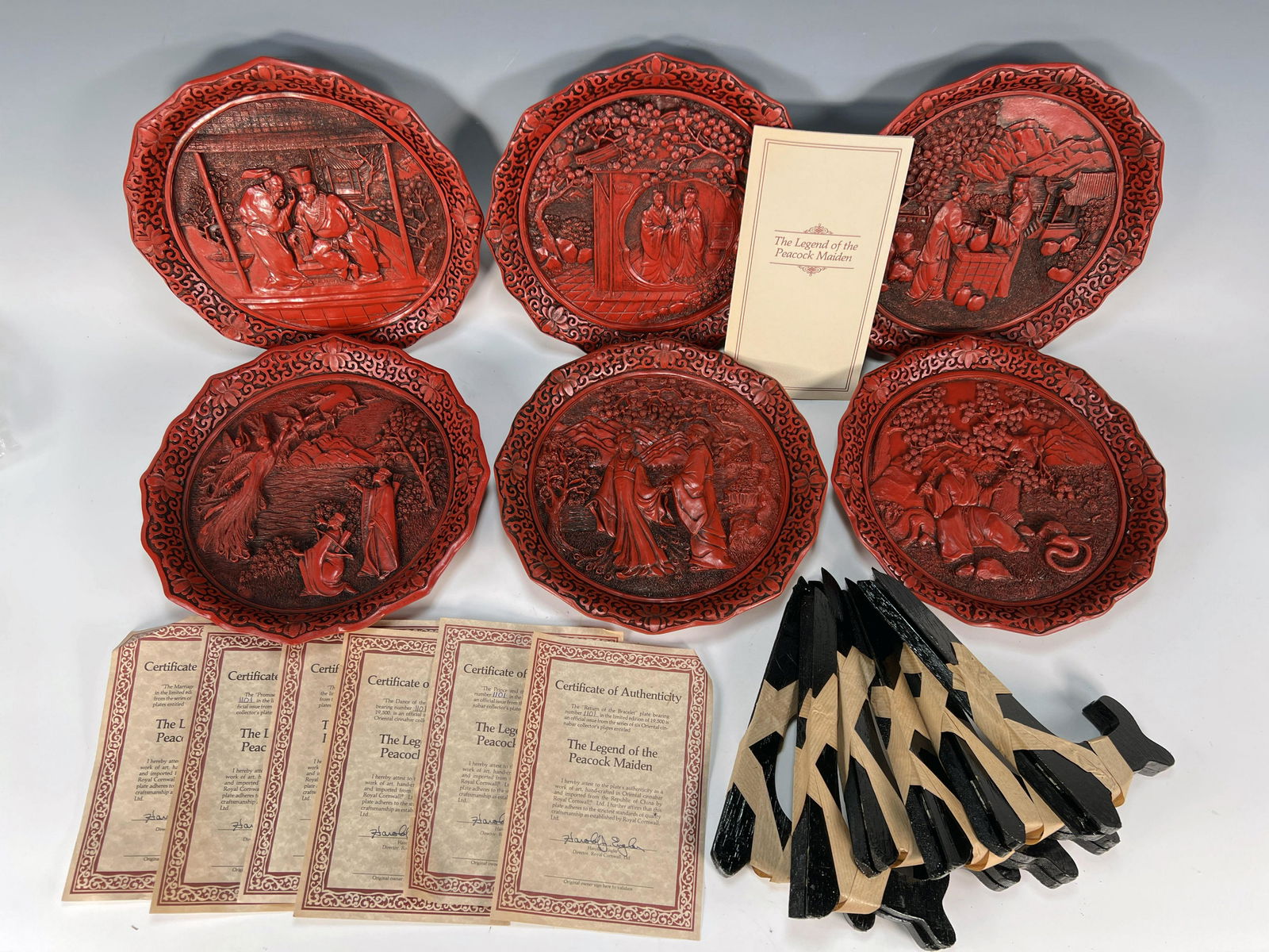 BRASS CHINESE CINNABAR PLATES WITH COAS AND STANDS (1 of 2)