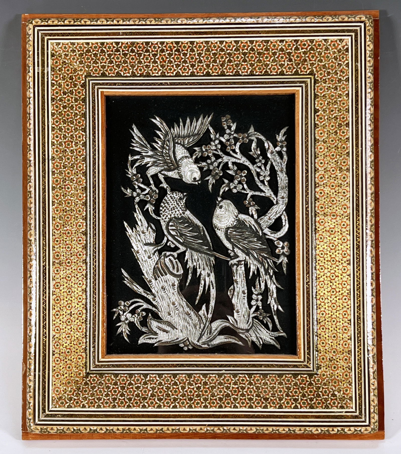 Persian Ghalamzani Copper & Silver Bird Art In Inlaid Khatam Kari