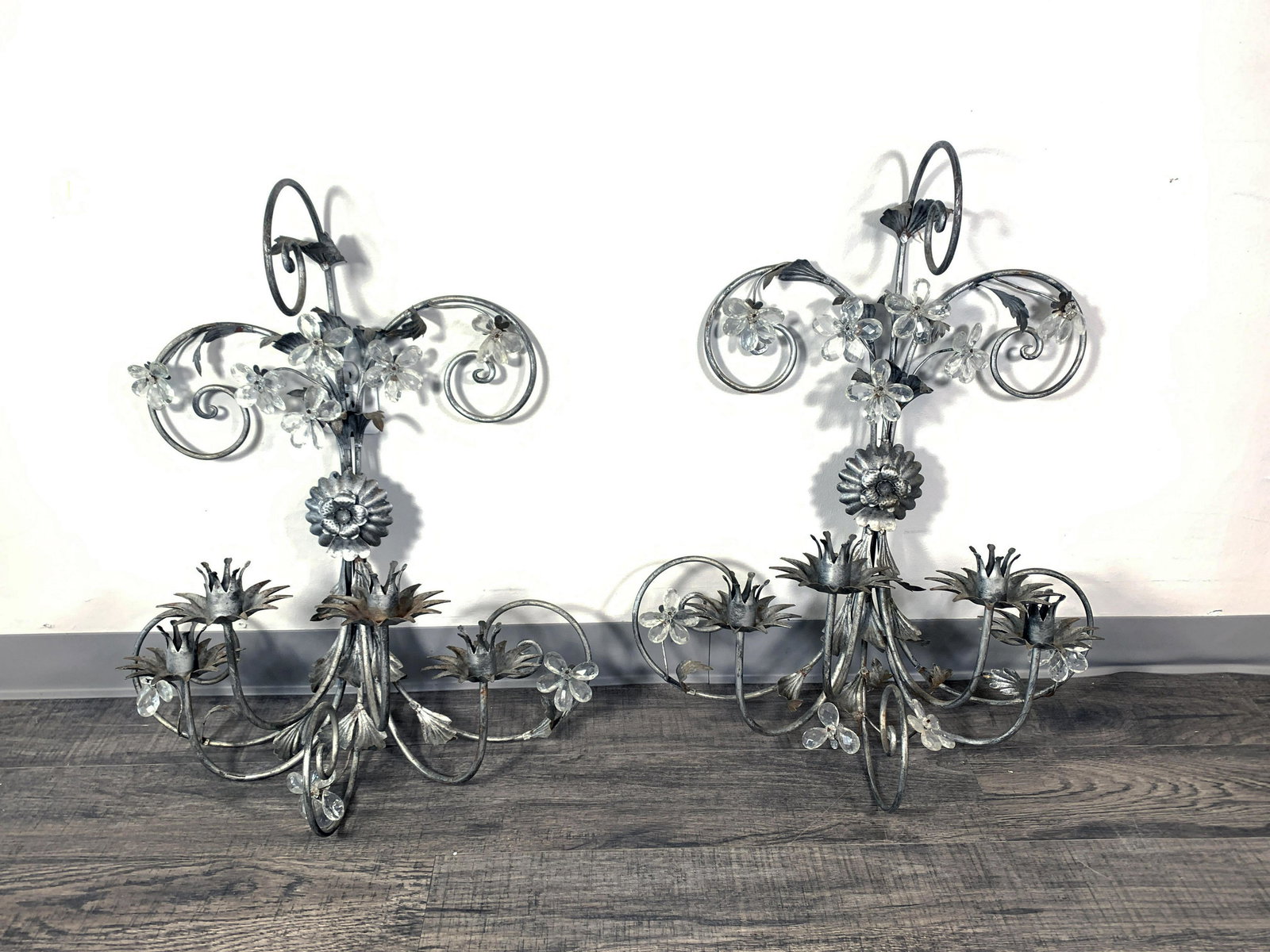 PAIR VINTAGE SILVER METAL & CRYSTAL WALL SCONCES (1 of 3)