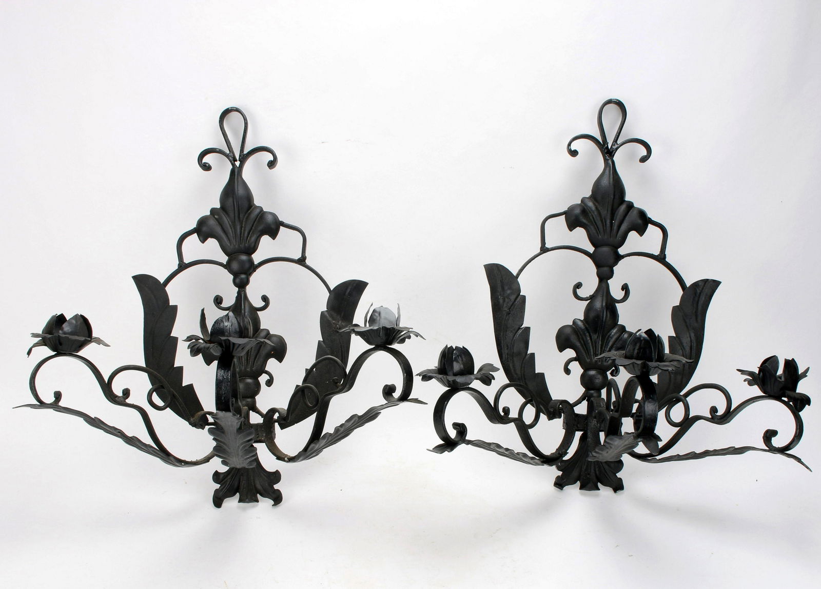 PAIR WROUGHT IRON ROSE WALL SCONCES (1 of 4)