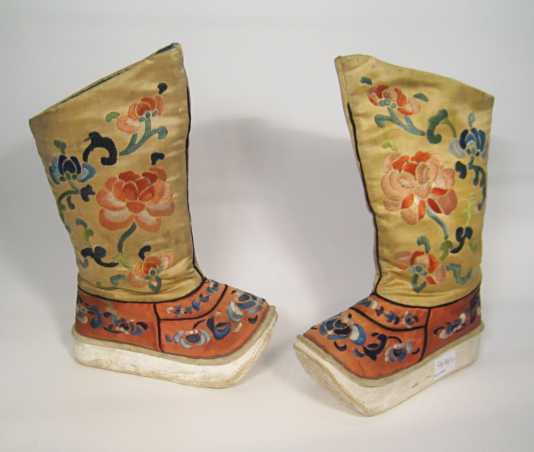 Pair Of Embroidered Boots.: A pair of embroidered child's boots, Chinese origin. Shipping: We are able to pack and ship this item to an address in the United States for $25.00 via USPS Priority Mail. Tracking information will be