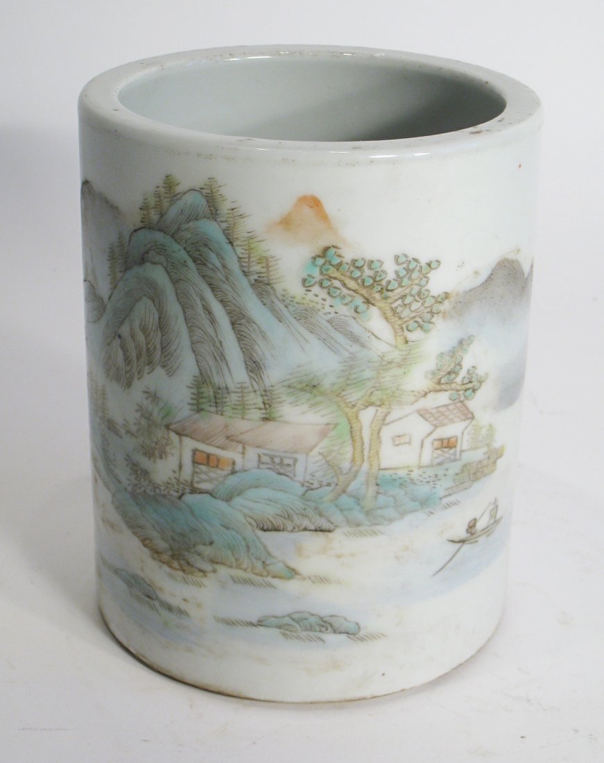 Fine Famille Verte Brush Pot: A 5 7/8" high cylindrical brush pot of porcelain with a multi colored glaze decoration and calligraphy on the back. Shipping: We are able to pack and ship this item to an address in the United States