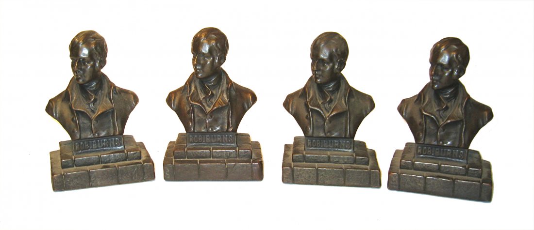 Bookend Busts Of Robert Burns: All identical metal weighted castings celebrating the English poet, with each about 5" tall Shipping: We are able to pack and ship this item to an address in the United States for $25.00 via USPS Prio