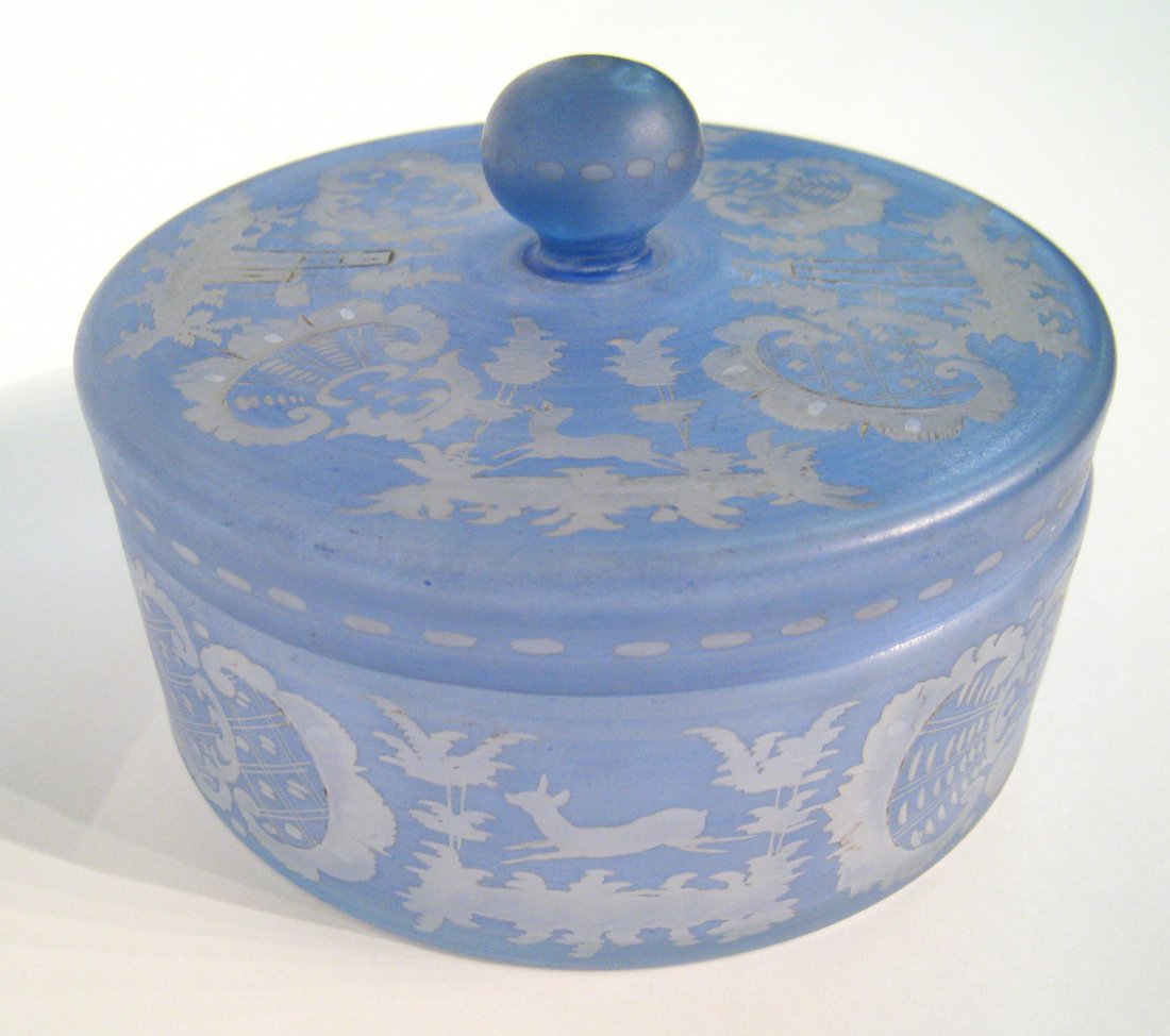 Bavarian Glass Lidded Container.: A 19th or 20th century lidded etched blue glass container 5" in diameter. Shipping: We are able to pack and ship this item to an address in the United States for $25.00 via USPS Priority Mail. Trackin