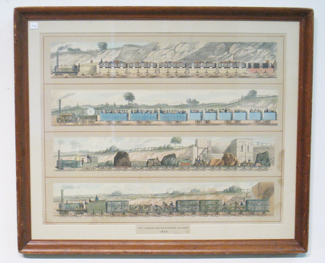 London & Manchester Railway: A charming framed assemblage of examples of train traveling accommodations offered English citizens in the early days of railroad travel. Dated 1832, measuring 33" X 22". Shipping: We are unable to sh