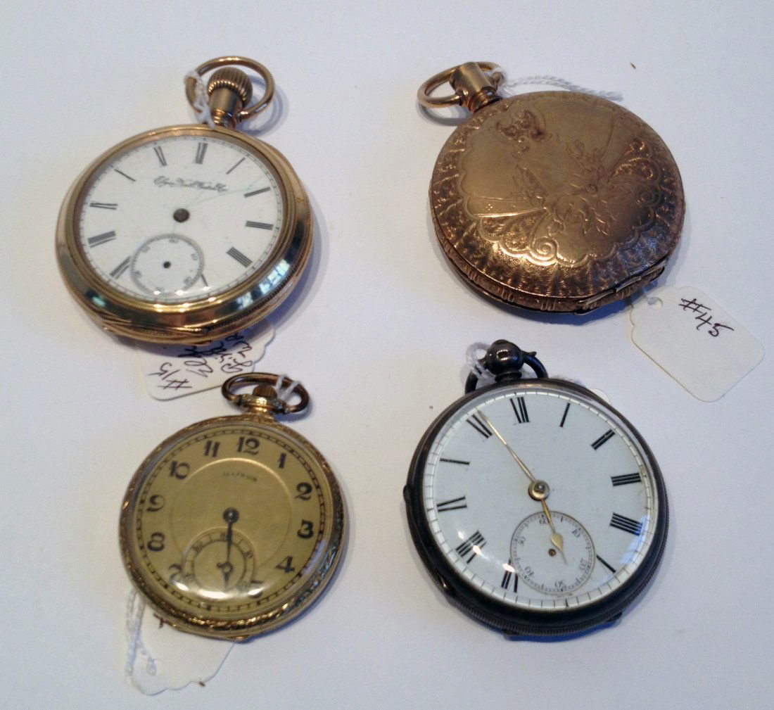 Four Pocket Watches: A open faced swing out English Sterling watch with a fusee movement; The Philadelphia Watch Co., a gold filled watch lacking balance wheel and crown; a gold filled Elgin also without essential parts t