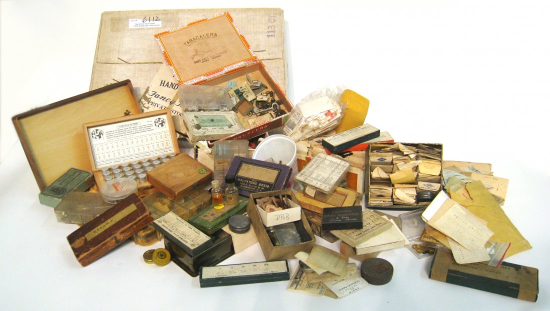 Watch Repair Parts And Tools: A valuable resource assortment of what appears the results of emptying a watchmaker's parts inventory into one group, with: stems, crowns, balance staffs, and other parts from vintage and antique watc