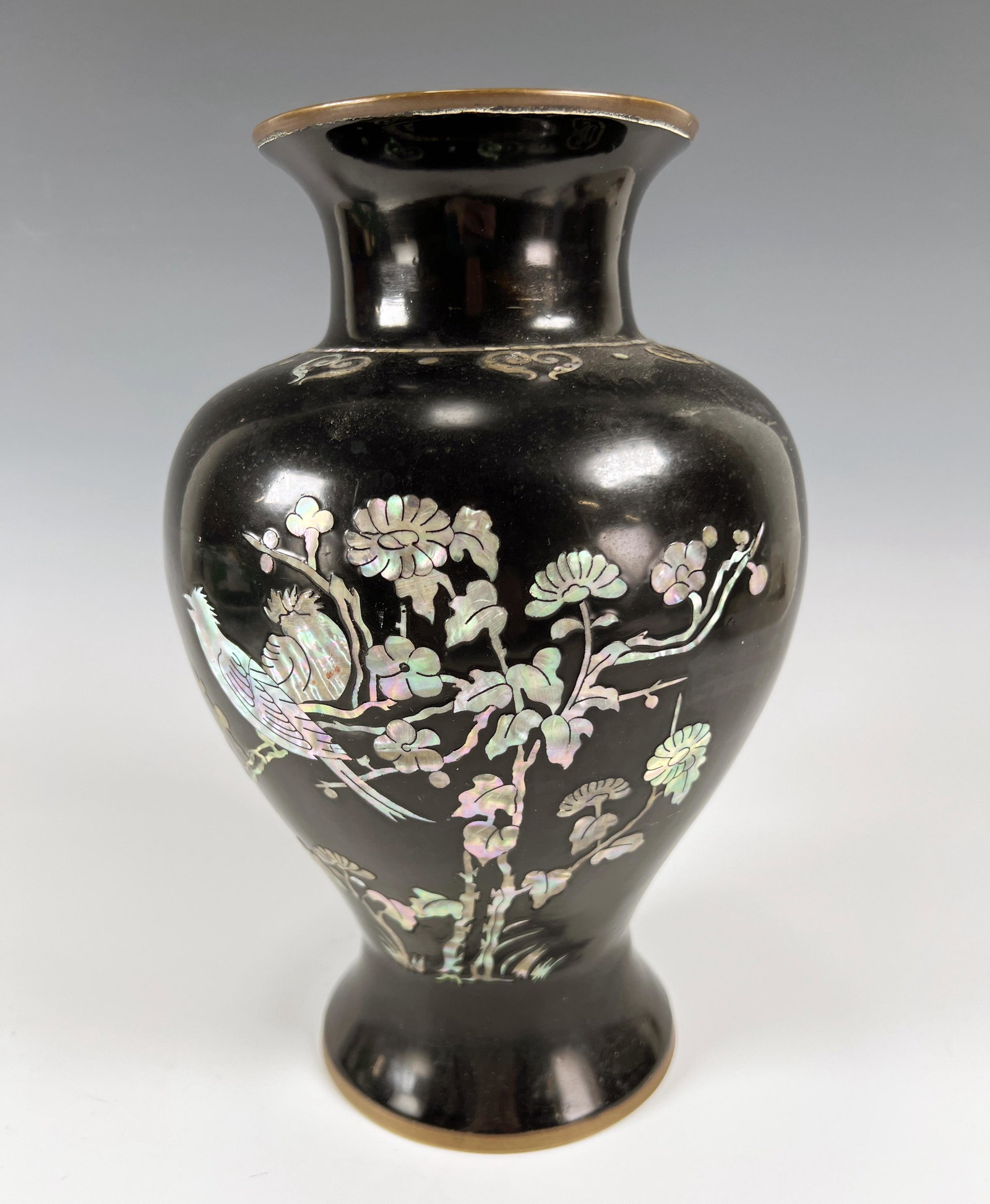 JAPANESE INLAID MOTHER OF PEARL ON BLACK ENAMEL VASE (1 of 3)