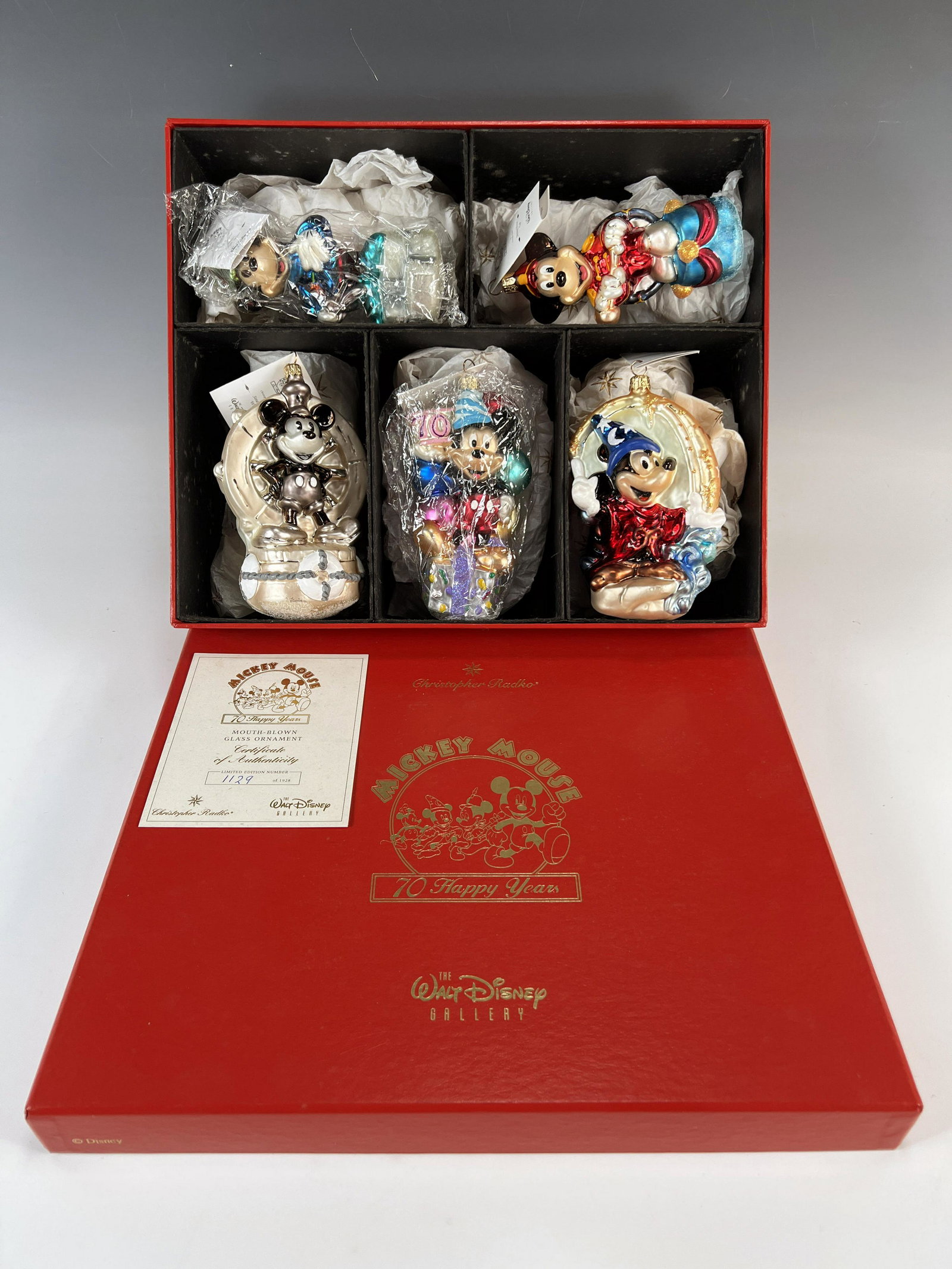 DISNEY MICKEY MOUSE 70TH ANNIVERSARY RADKO CHRISTMAS ORNAMENTS IN BOX: DISNEY MICKEY MOUSE 70TH ANNIVERSARY RADKO CHRISTM