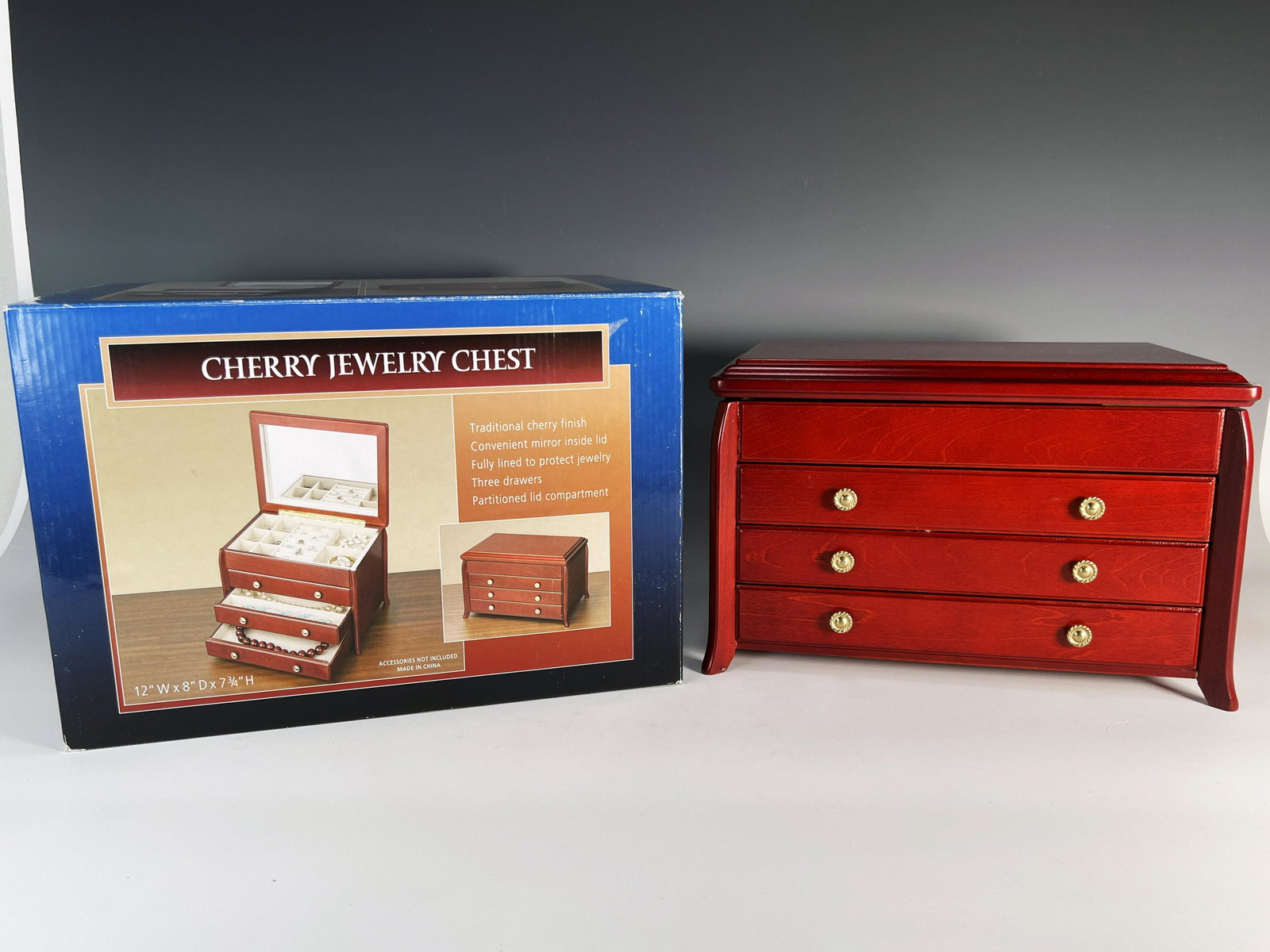 CHERRY WOOD JEWELRY CHEST IN ORIGINAL BOX (1 of 5)