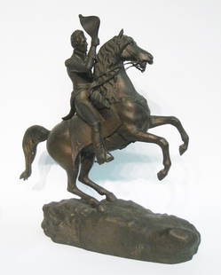 Cast Metal Of General Jackson: A spelter cast statue of General Andrew Jackson on his horse about 20" in height. Shipping: We are unable to ship this item. Please contact our local UPS Store, store1152@theupsstore.com, for a