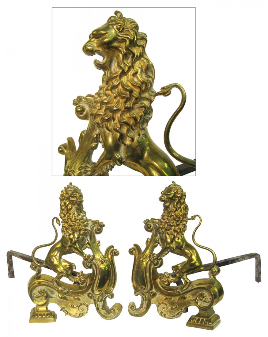 Lion Form Andirons: A handsome pair of antique cast brass lion form andirons, each 13" in height. Shipping: We are unable to ship this item. Please contact our local UPS Store, store1152@theupsstore.com, for a quote. Ple