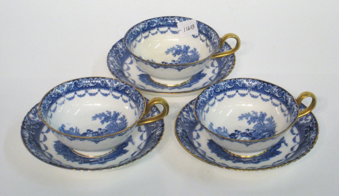 Doulton Tea Cups: Three cups and saucers marked Doulton Burslem late 19th century in blue white and gold. One chip on a cup's edge. Shipping: We are able to pack and ship this item to an address in the United States fo