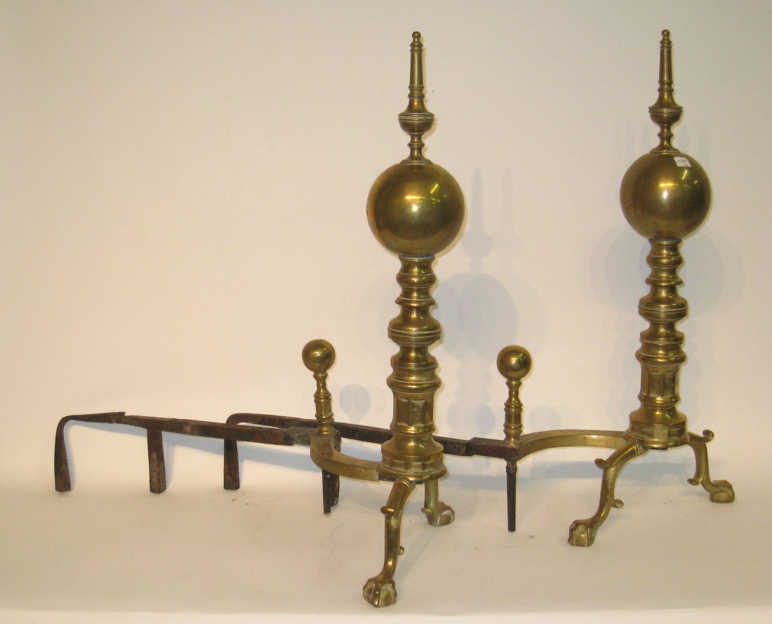 Pair Of Large Ball Form Brass Andirons: An exceptionally large pair of solid brass andirons. Shipping: We are unable to ship this item. Please contact our local UPS Store, store1152@theupsstore.com, for a quote. Please be sure and include y