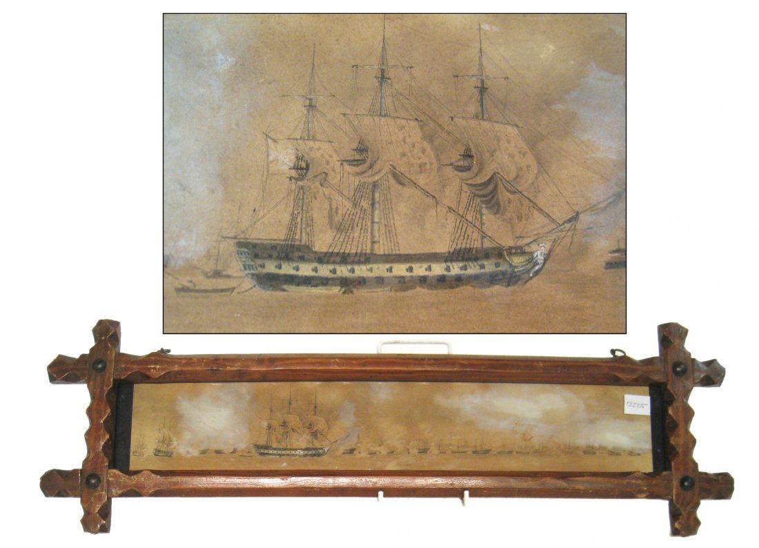 Unusual Watercolor Of Naval Battle: A "panaroma" like watercolor of the 1801 Battle of Copenhagen under second command of Vice Admiral Lord Nelson, apparently done by a witness on board one of the British ships of the line. Within a lat