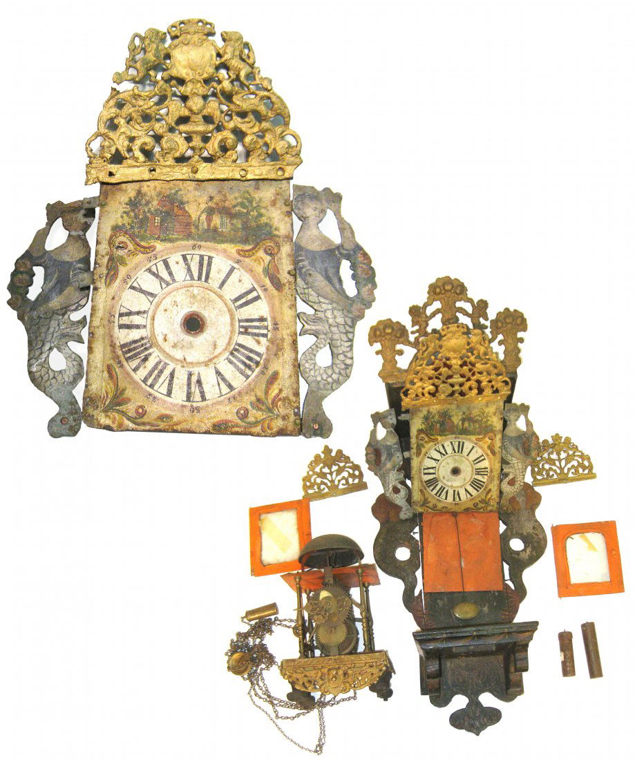 Friesland Clock: A late 17th/early 19th century Dutch Friesland wall clock. This came to us disassembled and is being sold that way. Most of the the parts are here, but missing is a large weight and the pendulum suspe