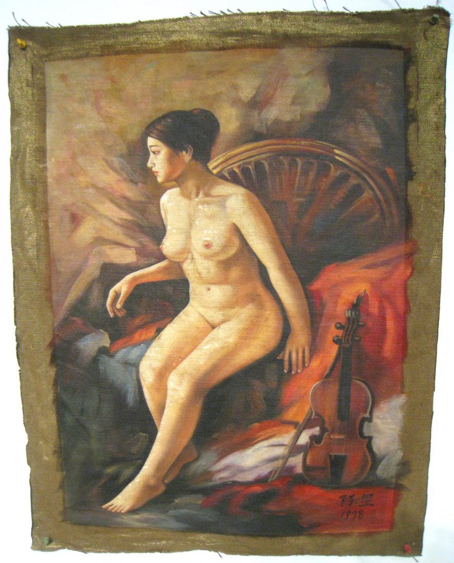 Oil Painting Of a seated Chinese nude: Measuring 36" X 24" sight, the lady poses in a chair with her robes and violin nearby. Signed lower right and dated 1998. Shipping: We are able to pack and ship this item to an address in the United S