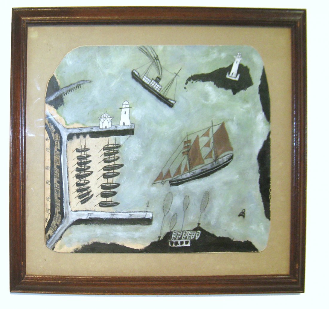 Harbor With Boats Painting, Max Wildman: n the British folk art tradition, Max Wildman (British, B. 1945), takes inspiration from Alfred Wallis and Ben Nicholson in creating original marine art in pastel and other media, the unique formation
