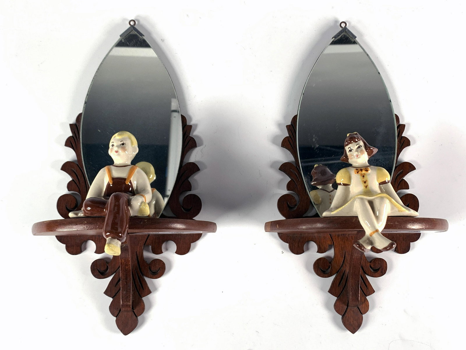 TWO VINTAGE MIRROR SHELVES WITH BOY & GIRL (1 of 3)