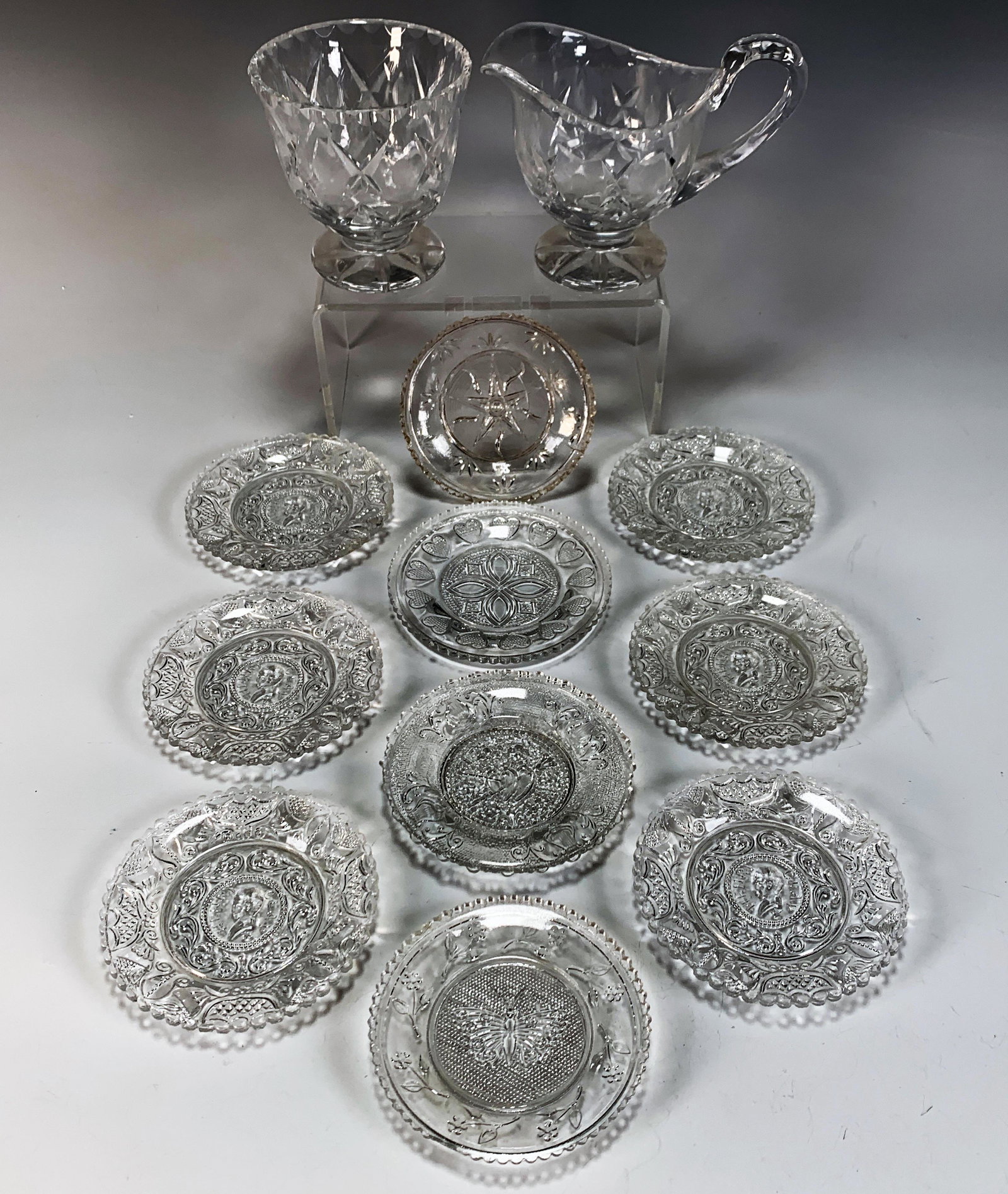 PRESSED GLASS CREAMER & SMALL DISHES (1 of 8)