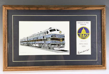 SN B & O RAILROAD EMD E-8 #1447 PRINT: SN B & O RAILROAD EMD E-8 #1447 PRINT Signed Michael Scott Kent. Baltimore & Ohio #1447. 25/1500. 21 3/4" X 13 3/4" Shipping: Shipping and