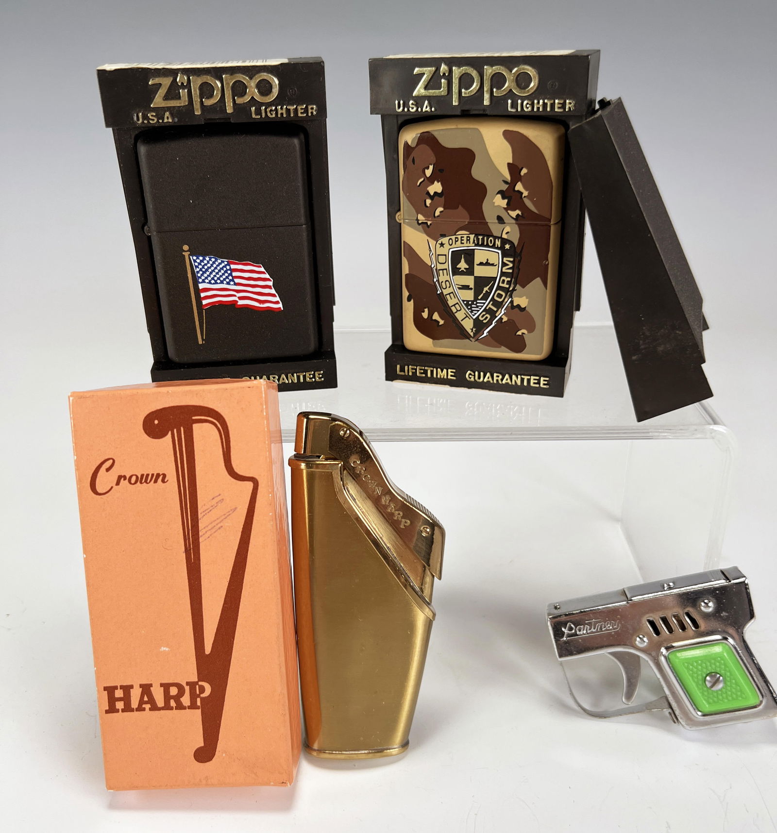 VINTAGE LIGHTERS DESERT STORM AND AMERICAN FLAG ZIPPO, CROWN HARP (1 of 4)