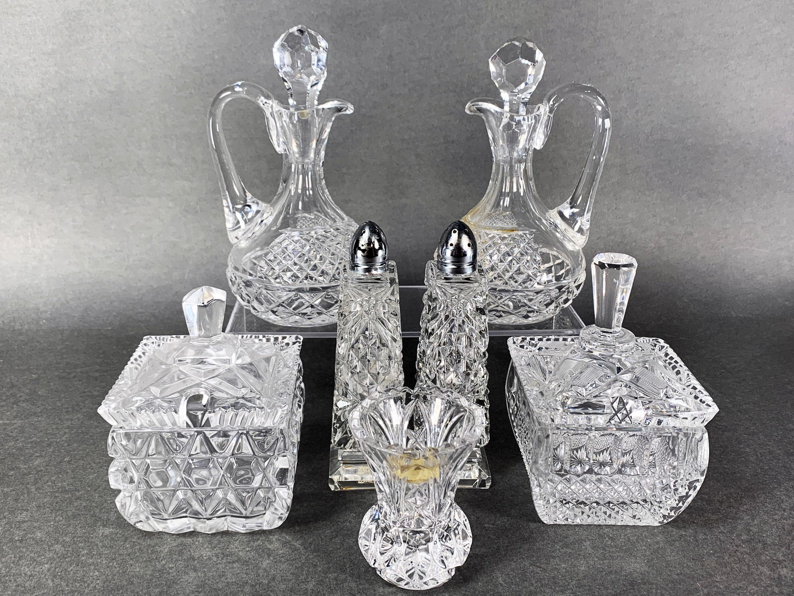 CRYSTAL AND CUT GLASS CONDIMENT JARS, SALT/PEPPERS, CRUETS (1 of 4)