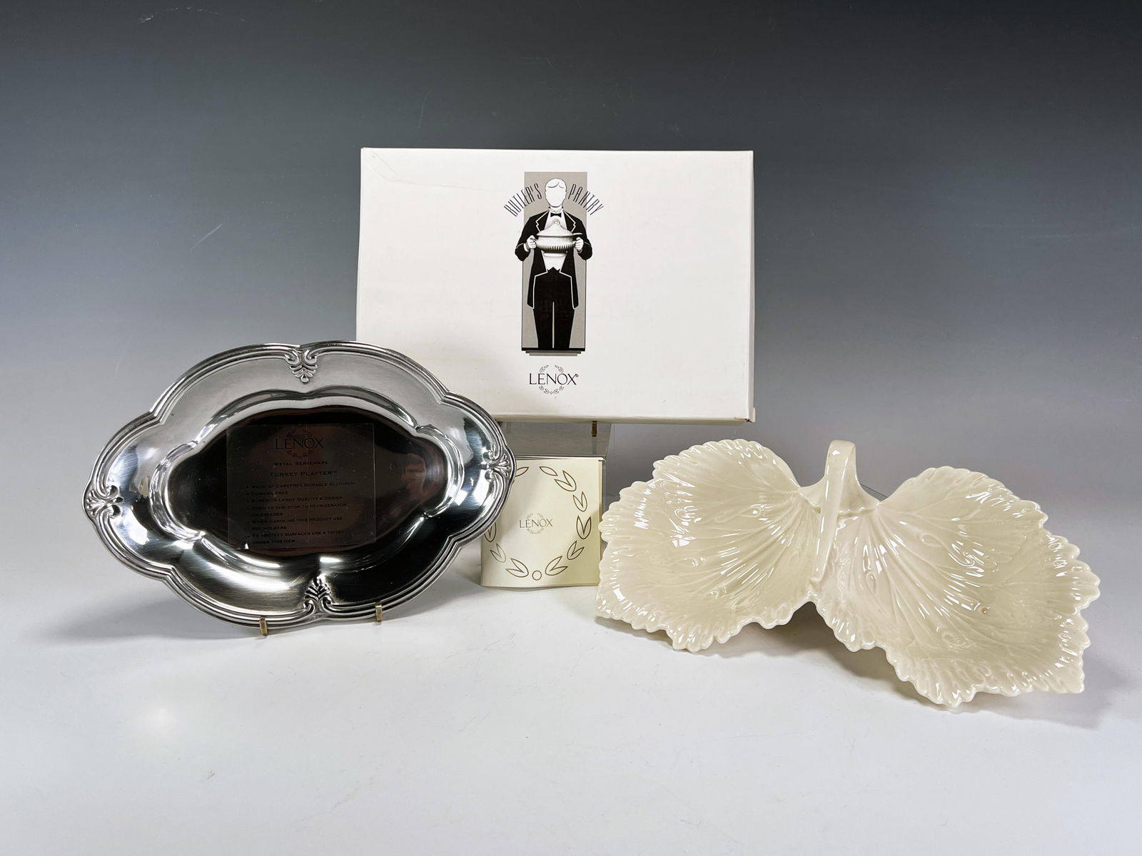 LENOX METAL SERVING TRAY & PORCELAIN DISH: LENOX METAL SERVING TRAY & PORCELAIN DISH