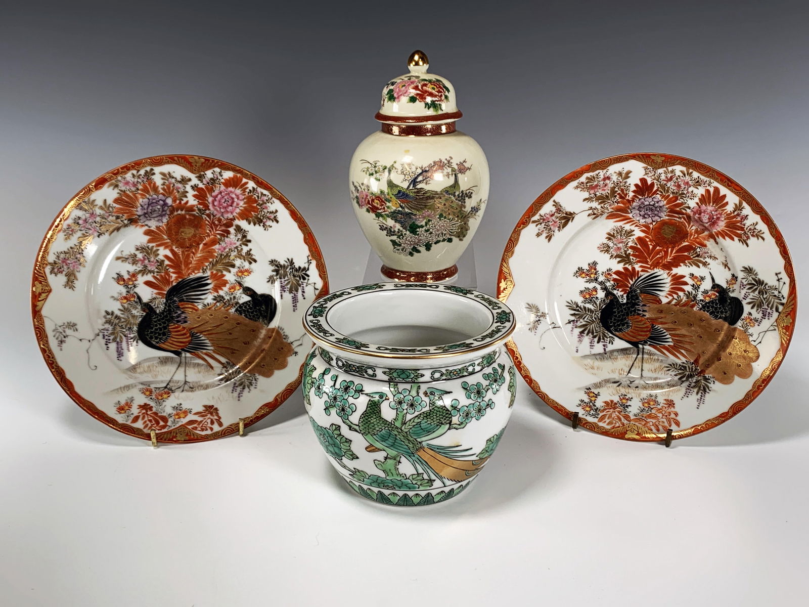TWO JAPANESE PEACOCK PLATES, URN WITH LID & PLANTER (1 of 6)