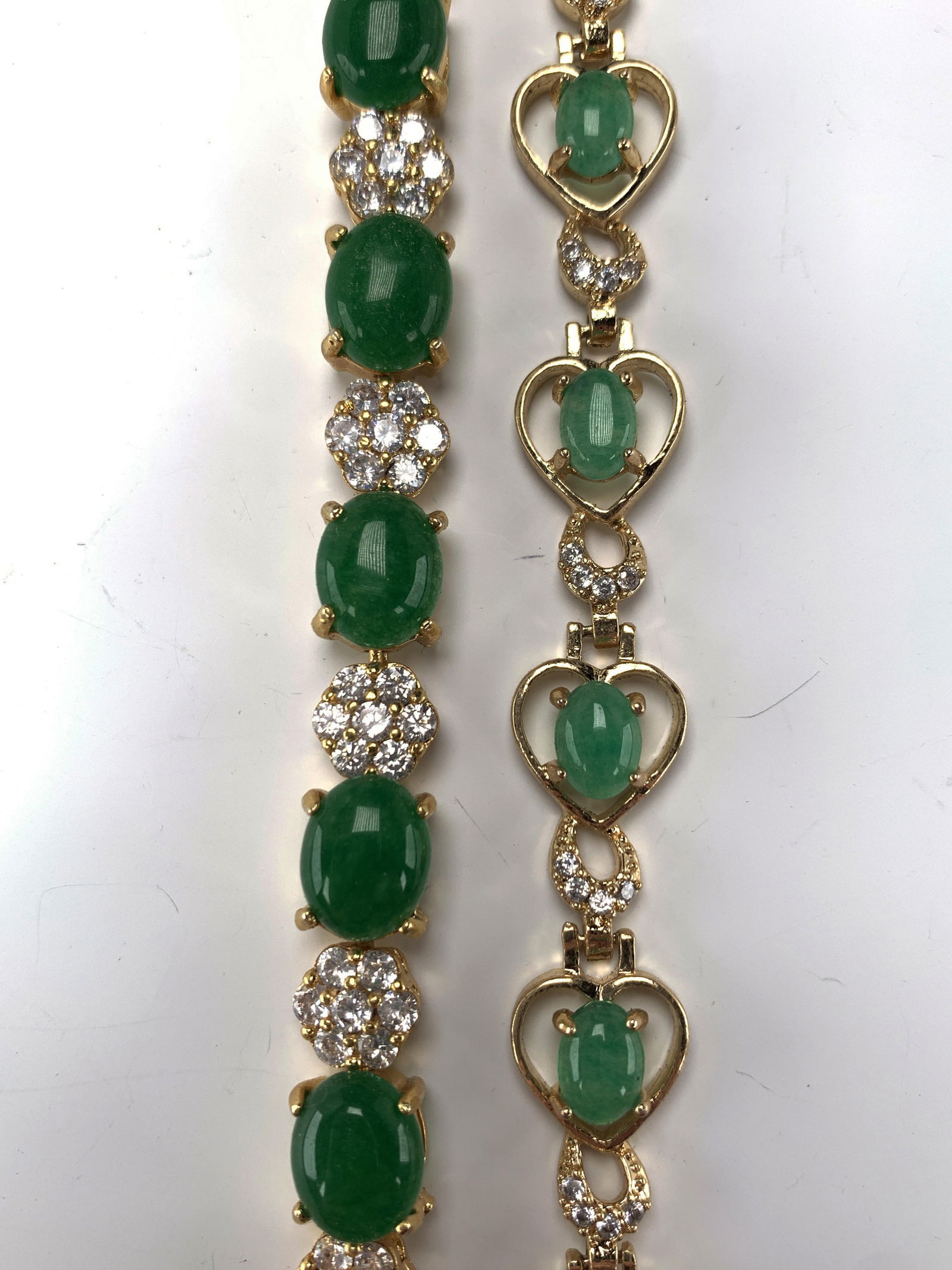 TWO JADE & RHINESTONE LINK BRACELETS: TWO JADE & RHINESTONE LINK BRACELETS