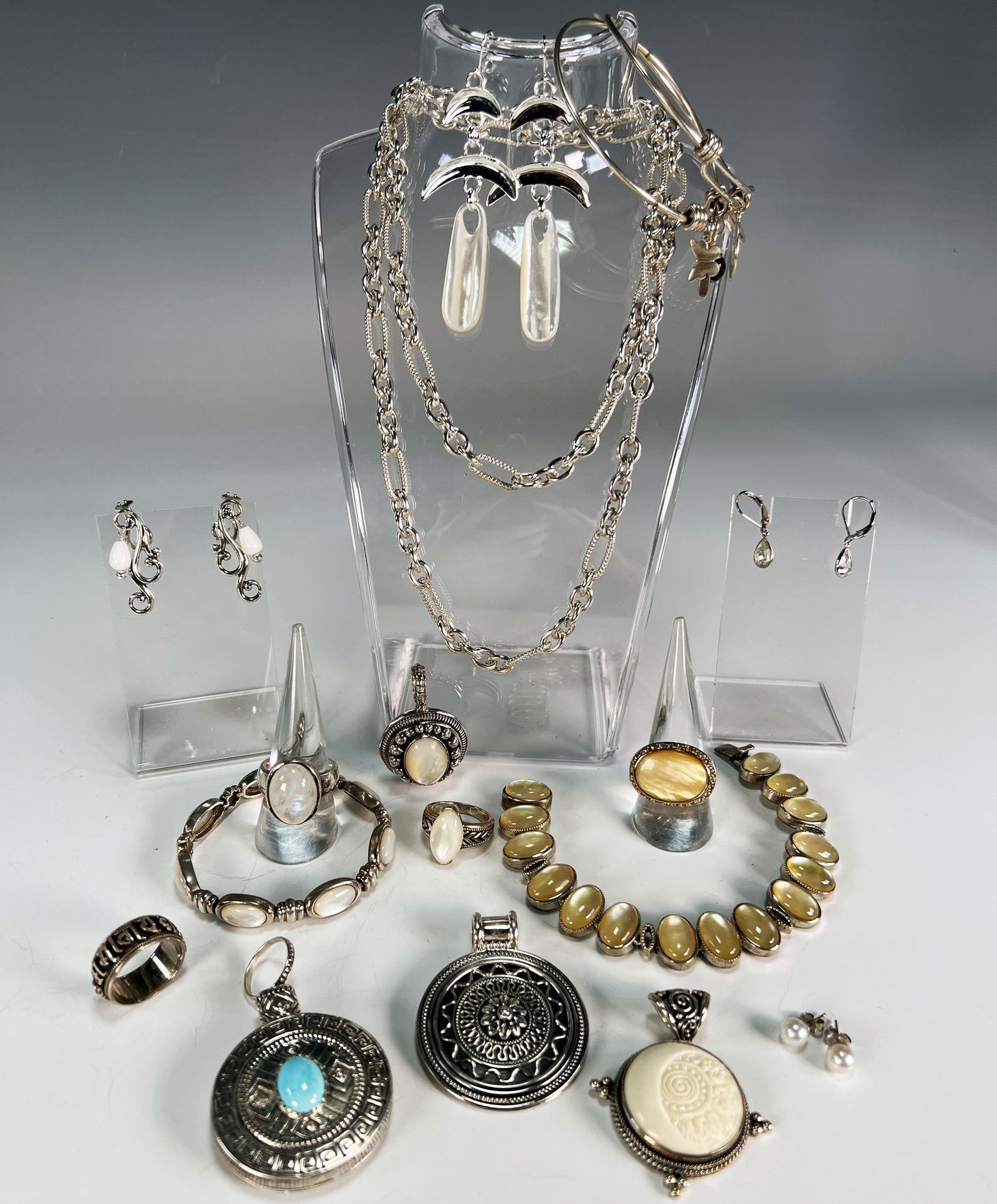 MODERN STERLING, ABALONE, PEARL & BONE JEWELRY: MODERN STERLING, ABALONE, PEARL & BONE JEWELRY