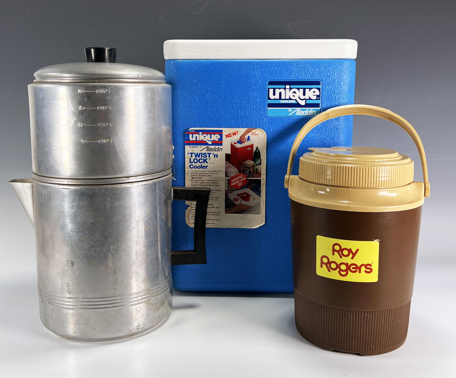 GOTT ROY ROGERS THERMOS, ALADDIN COOLER, METAL DRIP-O-LATOR COFFEE POT (1 of 4)