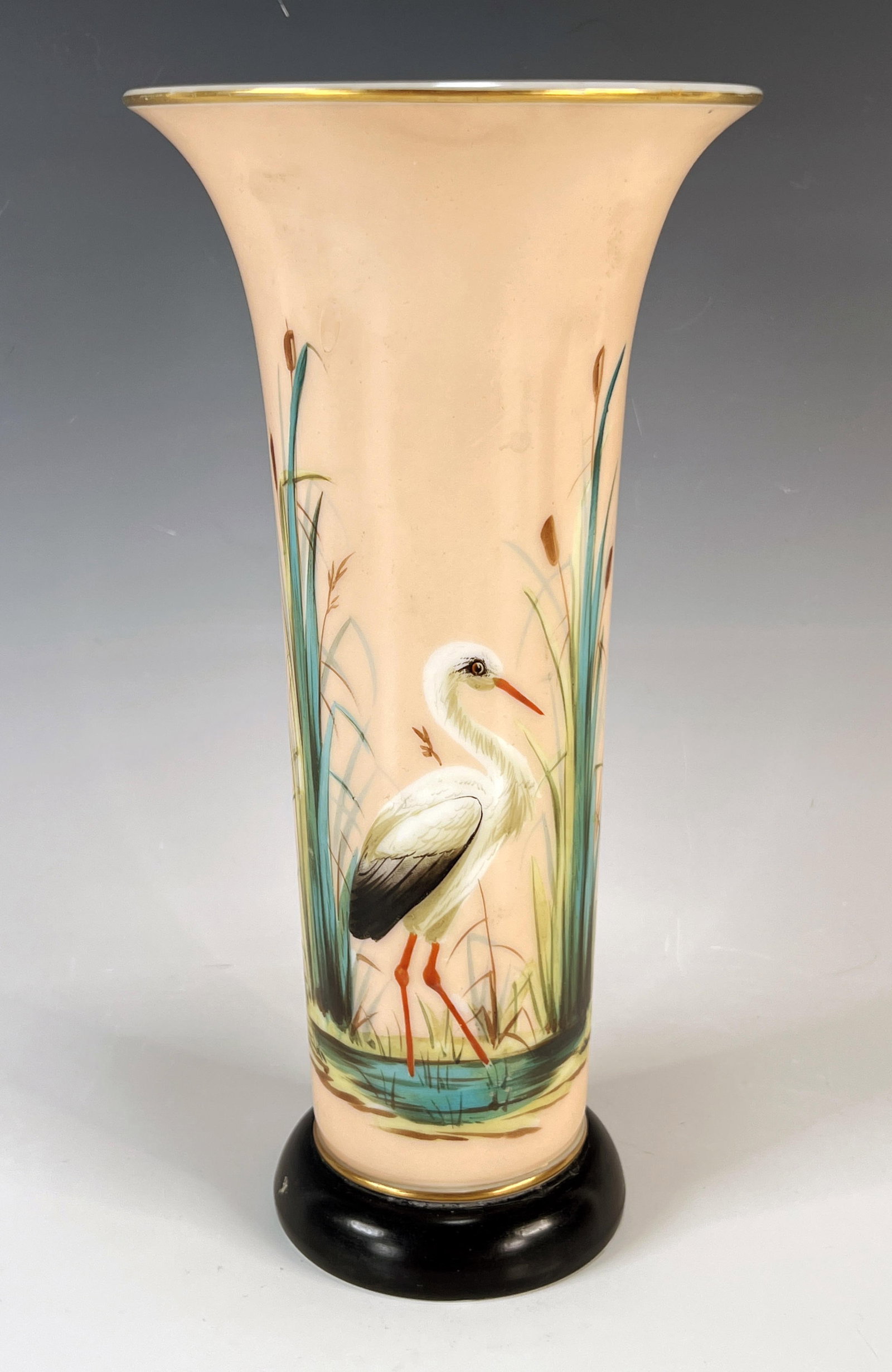 ANTIQUE BRISTOL GLASS HAND PAINTED CRANE VASE: ANTIQUE BRISTOL GLASS HAND PAINTED CRANE VASE<