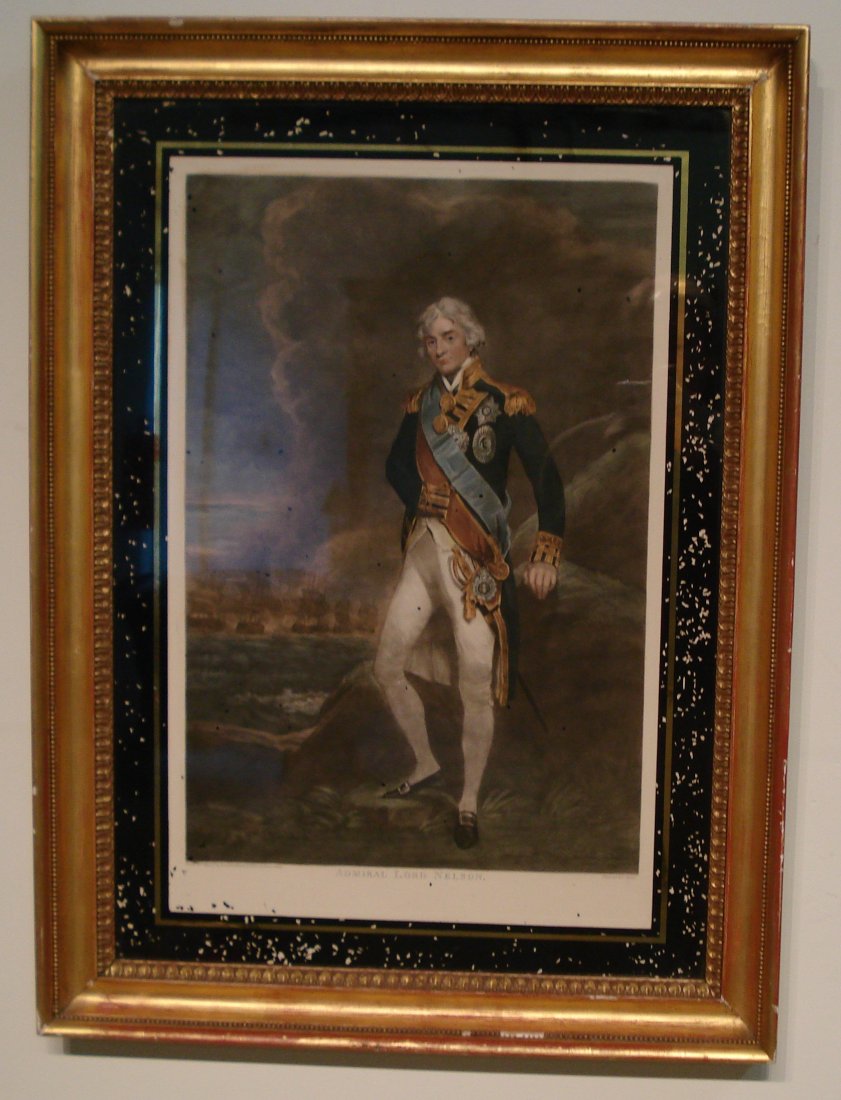 Admiral Lord Nelson After I. Hoppner: A colored engraved print of the Admiral printed by Turner, with a sight of 26" X 17" within a gilt wood frame, 34 1/2" X 25 1/2" with a reverse painted gold and black mask. Minor damage and losses of 