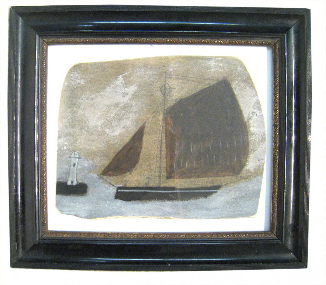 Schooner Marine Art By Max Wildman: Measuring 14 3/4" X 13", Max Wildman finds his own frames (often antique) and frames his primitive marine scenes in the shadowbox form. Signed on back "Max". Shipping: We are unable to ship this item.