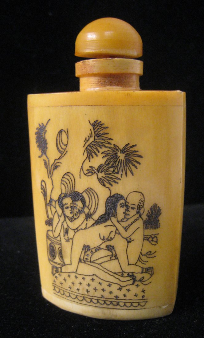 Bone Carved Erotic Snuff Bottle: 3 1/4" Shipping: We are able to pack and ship this item to an address in the United States for $15.00 via USPS Priority Mail. Tracking information will be sent to your email address. Each additional i