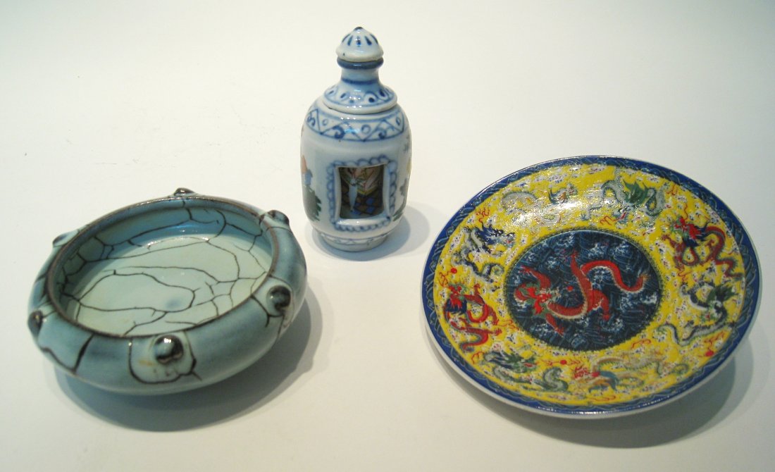 Miscellaneous Chinese Porcelain: Brush washer, snuff bottle and saucer. Shipping: We are able to pack and ship this item to an address in the United States for $25.00 via USPS Priority Mail. Tracking information will be sent to your