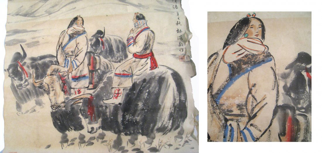 Unmounted Chinese Watercolor: Signed Du Ziling "Lone in Snowy Country" un-mounted watercolor art, 26" X 28". Note tattered right edge. Shipping: We are able to pack and ship this item to an address in the United States for $25.00