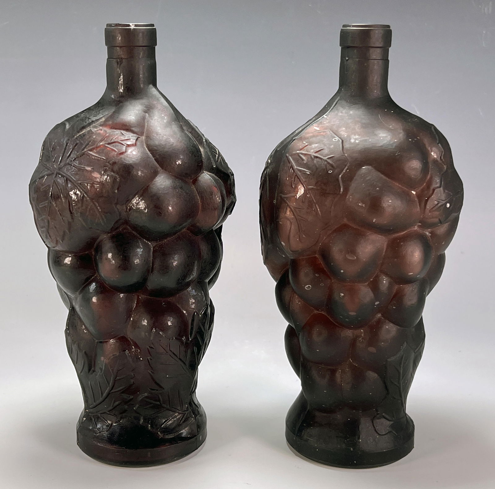 2 DARK PURPLE GLASS BOTTLES WITH GRAPES & LEAVES (1 of 3)