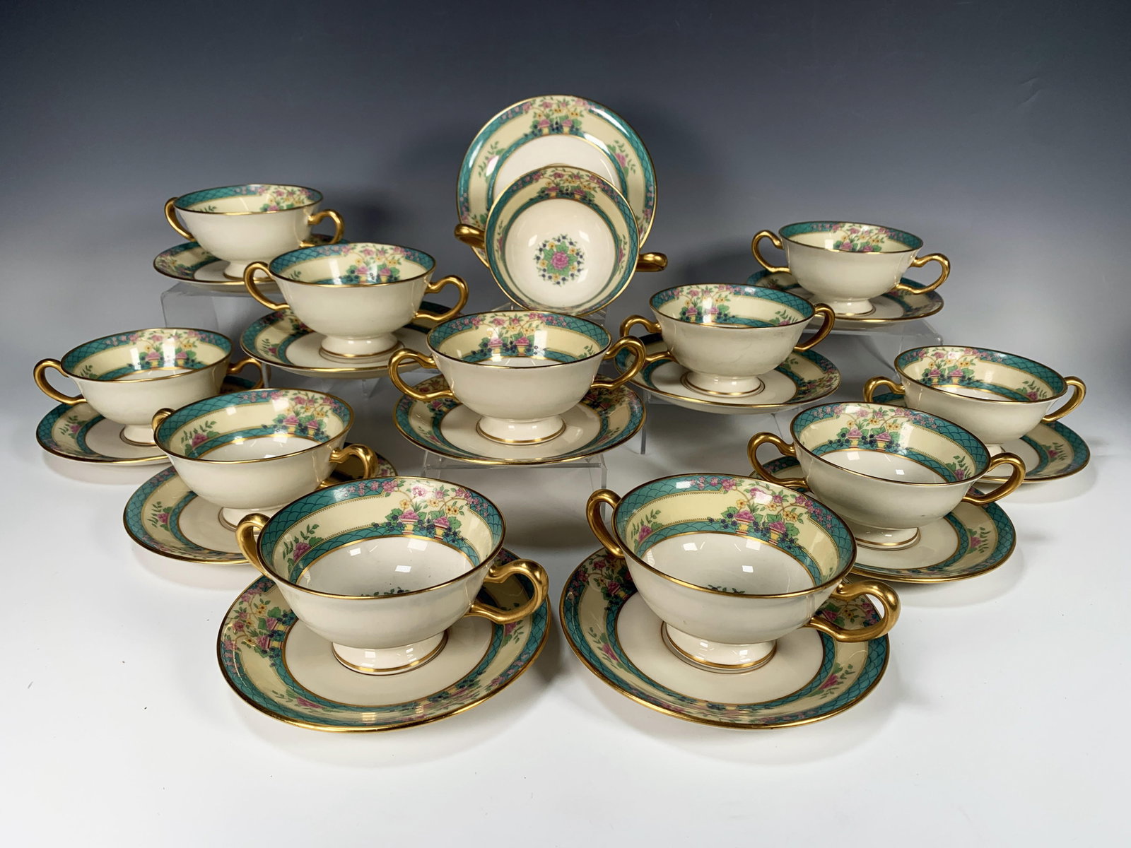 LENOX MONTICELLO BULLION CUPS & SAUCERS: LENOX MONTICELLO BULLION CUPS & SAUCERS