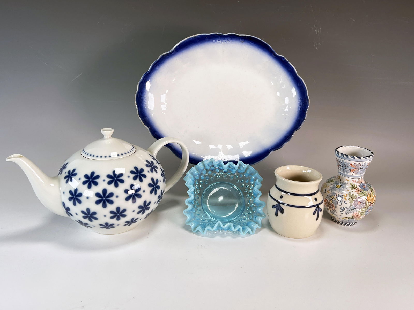 ARZBERG INDIGO TEAPOT, CERAMIC VASES, HOBNAIL DISH (1 of 3)