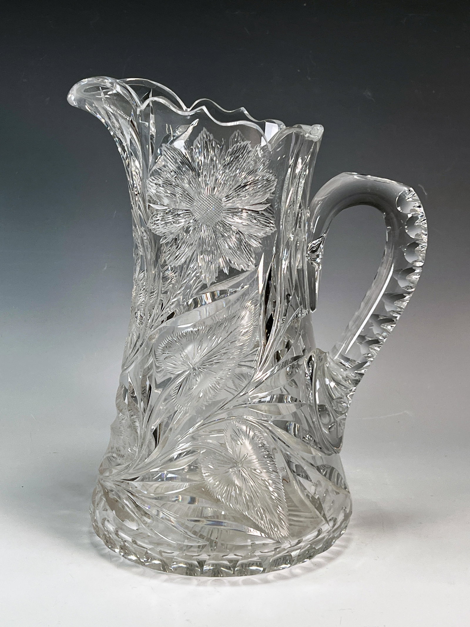 CUT GLASS FLORAL PITCHER: CUT GLASS FLORAL PITCHER