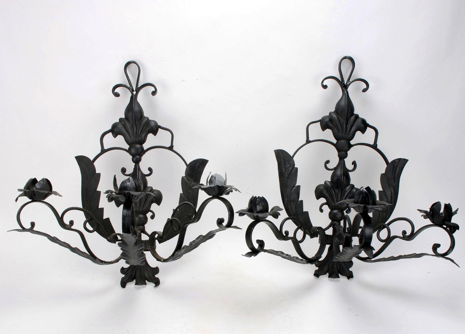 PAIR WROUGHT IRON ROSE WALL SCONCES (1 of 4)
