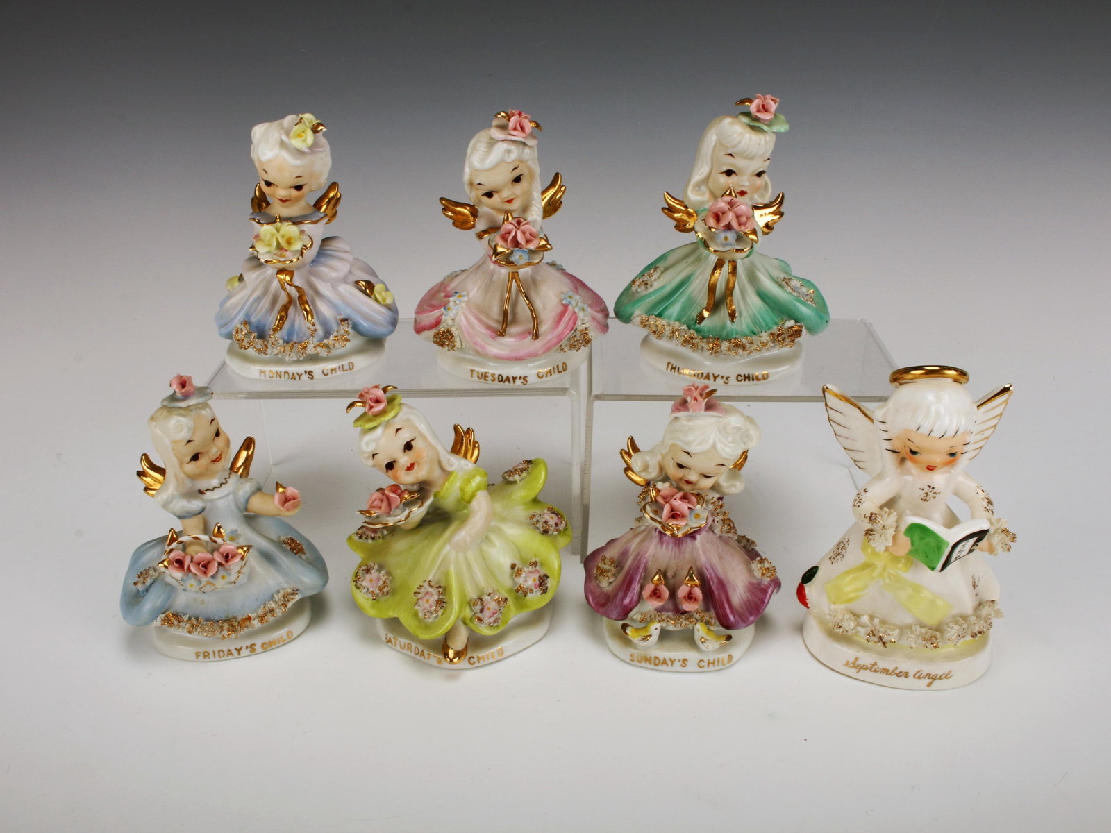 LEFTON CHINA HAND PAINTED ANGEL OF THE DAY FIGURES:  Lefton China Hand Painted Angel of the Day Figures Auction