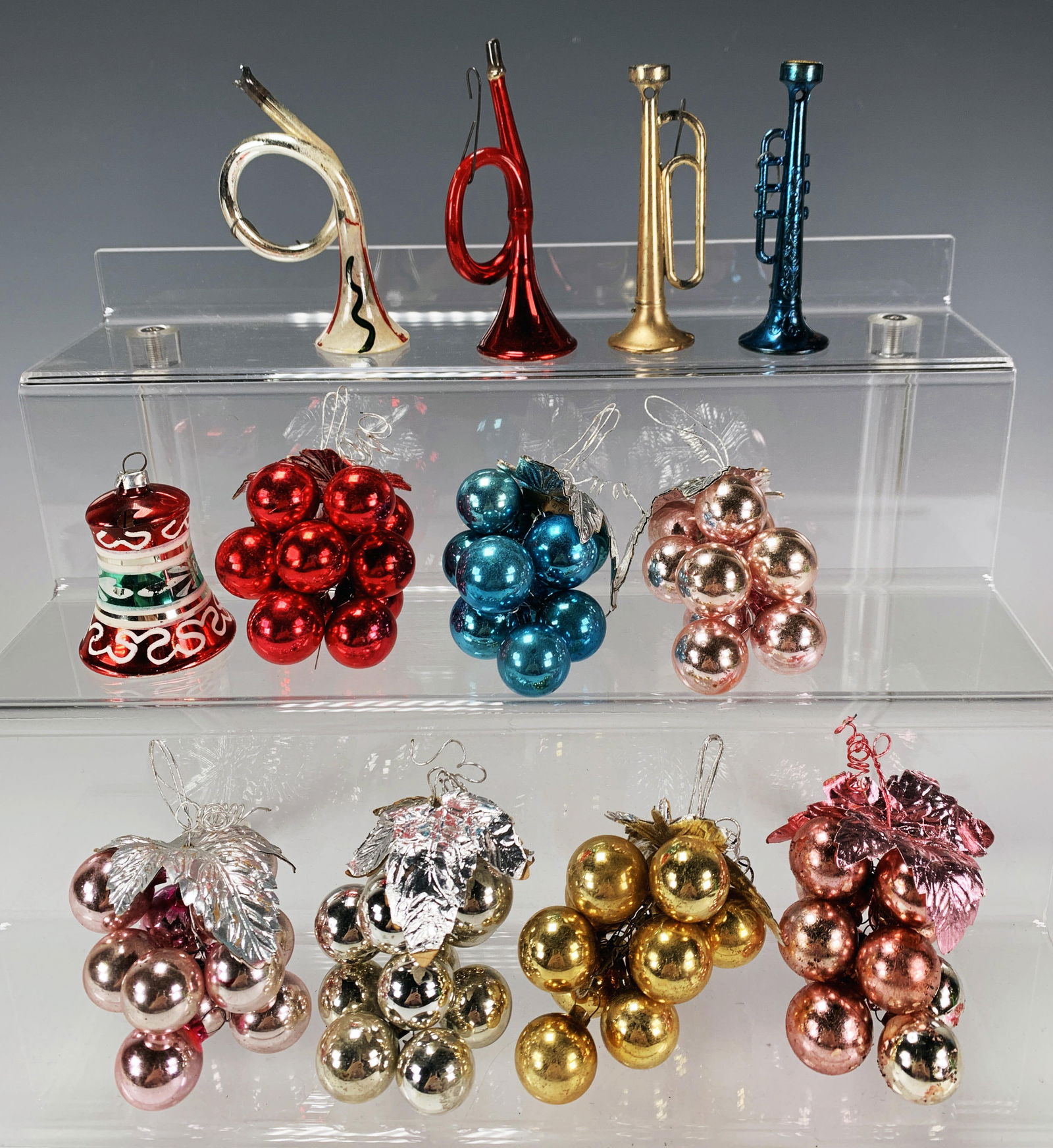 VINTAGE GLASS CHRISTMAS ORNAMENTS GRAPES & INSTRUMENTS:  Vintage Glass Christmas Ornaments Grapes & Instruments