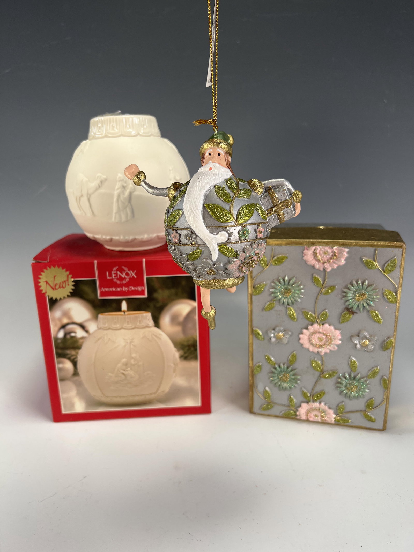 LENOX NATIVITY VOTIVE AND PAPYRUS FLORAL SANTA WITH DECORATIVE BOX:  Lenox Nativity Votive and Papyrus Santa Ornament
